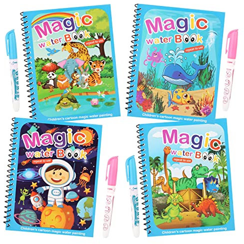 4 Piezas Libro Magico Agua, Magic Water Book Libro Infantil Pintar con Agua, Reutilizable Libro para Colorear con 4 Bolígrafos Educativo Doodle Pintar Juguetes para Niños