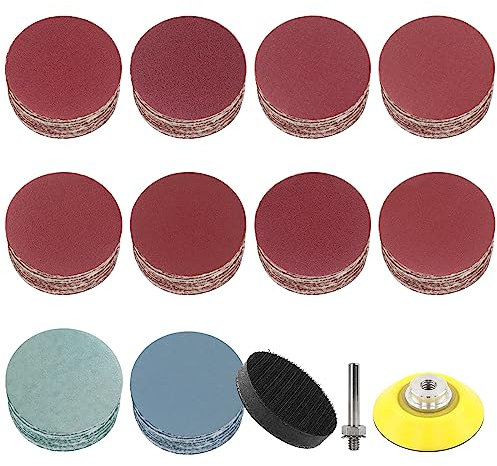 100 Pezzi di Carta Vetrata 50mm, 400 600 800 1000 1200 1500 2000 3000 5000 7000 Grana, Dischi Abrasivi Set, con 1 Kit Tampone Abrasivo Adattatore pad Lucidatura