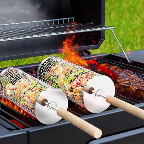 Ivtivfu Juego de Cestas para Parrilla Anidadas, Mango de Madera Extraíble, Acero Inoxidable 304, Accesorios Barbacoa para Verduras y Camarones, Parrilla Barbacoa para Camping, Regalo Hombre Padre