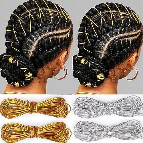 Gold Silber Dreadlock Zöpfe Haarschmuck Flechten Haarschmuck Styling Schimmer Dehnbar Afrikanische Zöpfe Geflochtene Elastische Schnur Ornament Hängende Dekoration Geschenkverpackung 4 Stück 5M