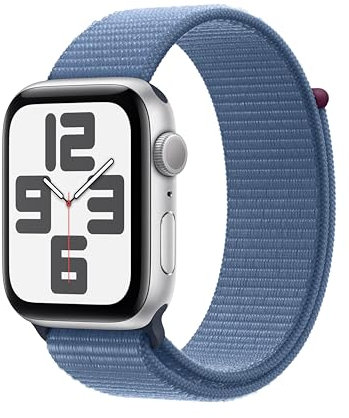Apple Watch SE (2ᵉ génération, 2023) (44 mm GPS) Smartwatch avec boîtier Aluminium Argent et Boucle Sport Bleu d’Hiver. Suivi de l’activité Physique et du Sommeil, écran Retina, Neutre en Carbone
