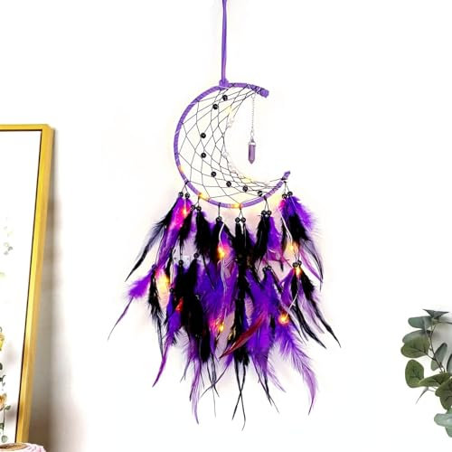 JZK Mond-Traumfänger mit Lichtern für Mädchen Frauen Geburtstag, lila schwarze Feder Traumfänger mit LED-Lichtern für Baby Kinder Schlafzimmer Dekoration, Wandbehang Ornament, Hochzeitsgeschenk,