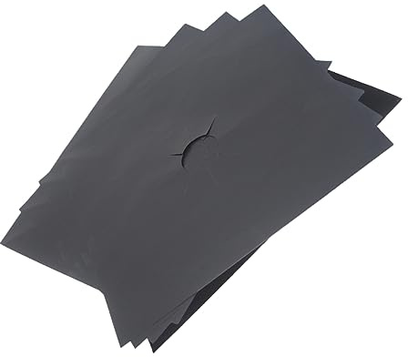 Feuilles Protection Plaque Gaz 5 Pièces Noir Ptfe Réutilisables la Cuisine | Découpe Centrale Prédécoupée, Nettoyage Facile, pour Four et Brûleur à Gaz, Lot de 5 Feuilles