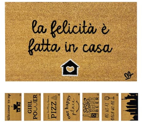 OLIVO.shop COCCO FUNNY - Zerbino con scritte, Zerbino cocco ingresso simpatico, Tappeto cocco divertente, fondo in gomma, vari disegni, 40x60 cm (HAPPINESS)