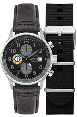 AVI-8 Hawker Hurricane AV-4011 - Reloj cronógrafo clásico de cuarzo japonés para hombre de 42 mm con correa de piel, Gris Negro, Cronógrafo clásico
