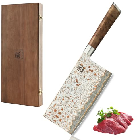 zayiko MysticMagma Chai Dao Kochmesser 17,5 cm Klinge, 67 Lagen Damaststahl | VG10-Kern, Kupfer-Bronze-Einlage, DualCurve-Griff aus Ahornwurzelholz, 15° V-Schliff, Holzbox; für Fleisch, Fisch und Gemüse.