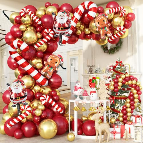 Govpy Weihnachten Luftballon Girlande, Weihnachten Ballon Girlande Rot Gold Weihnachts Deko Ballon mit Zuckerstangen Lebkuchenmann Weihnachtsmann Folienballons für Weihnachtsparty Outdoor Dekoration
