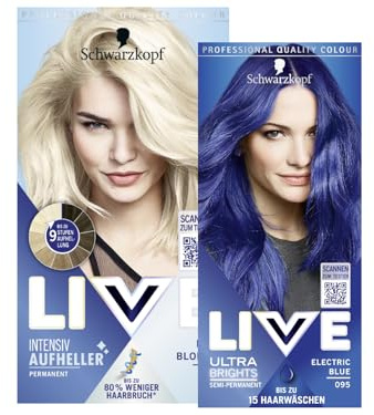 Schwarzkopf LIVE Ultra Brights Semi-Permanente Haarfarbe 095 Electric Blue (142 ml) intensive oder pastellige Farben & LIVE Aufheller Max Blonde 00B (142 ml) Blondierung ohne Gelbstich