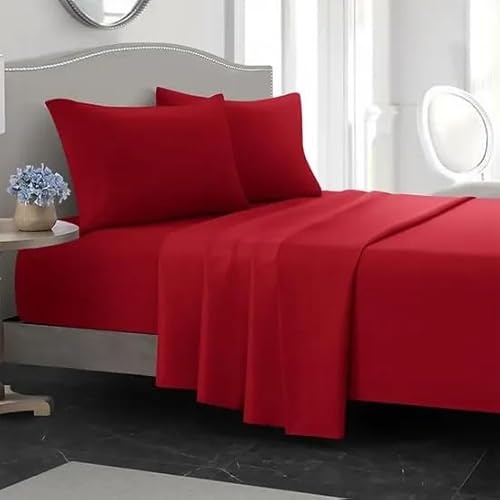 Générique Pack Ensemble de Parure de draps 4 Pieces Unie pour Un lit 2 Personnes 100% Coton 57 Fils /1 Drap Plat / 1 Drap Housse 140 x 190 cm / 2 taies d oreillers 65 x 65 cm (Rouge)