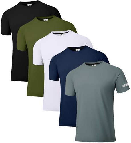 Camisetas de entrenamiento para hombre UPF 50+ protección solar Rash Guard Camisetas de secado rápido SPF UV Swim manga corta, Pack de 5 negros/verde/blanco/azul marino/gris oscuro, L