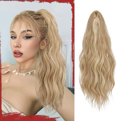 Sofeiyan Pferdeschwanz Haarteil mit Klammer, Lange Wellig Lockig Pferdeschwanz Zopf Extensions Synthetik Claw Clip in Haarteil Ponytail für Damen 41 cm Aschblond Gemischtes Bleichblond