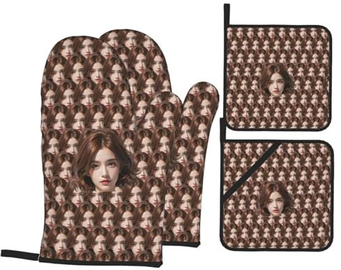RoPox Personalisierte Ofenhandschuhe,4er-Set Hitzebestaendig Ofenhandschuhe, Topflappen-Set personalisiert mit Wunschfoto Bedruckt,Topfhandschuhe zum Kochen & Backen