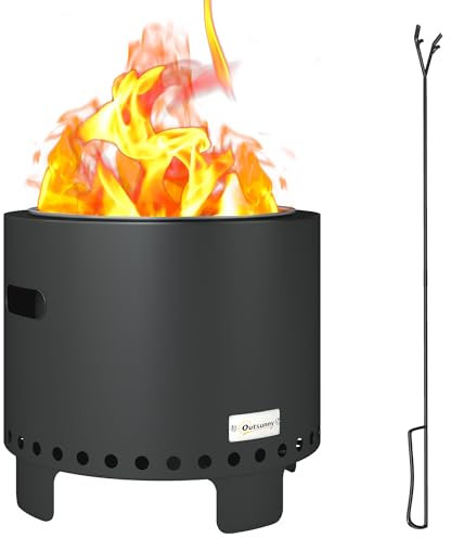 Outsunny Smokeless Fire Pit, 45cm Portable Wood Burning Firepit with Poker, Stainless Steel Liner for Garden Camping Bonfire Party, Steel, Dark Grey