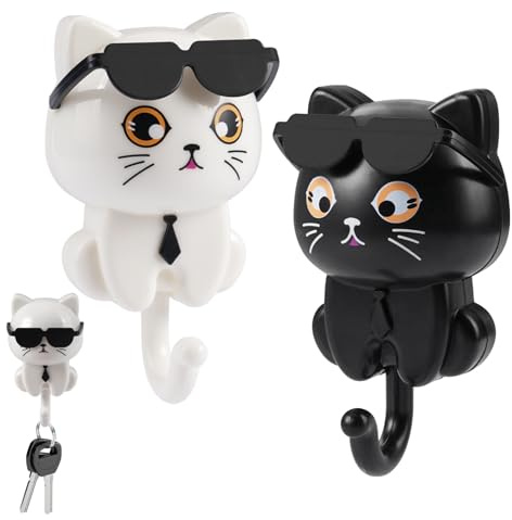 Lot de 2 Cat Adhesive Coat Hook, Crochet Adhésif Mural de Chat | Accroche Clef Mural Crochets Décoratifs pour Accrocher Clés Manteaux, Chapeaux