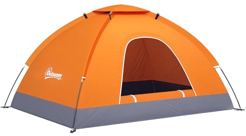 Outsunny 2 Person Camping Tent, Dome Tent with Zipped Doors, Storage Pocket, Portable Handy Bag, Orange