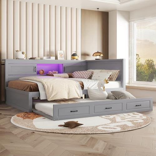 Dolamaní Tagesbett 140x200 cm mit Ausziehbar Bett 90x190 cm, Bettseitiges mit Stauraum Staufach, Funktionsbett Ohne Matratze (Grau)