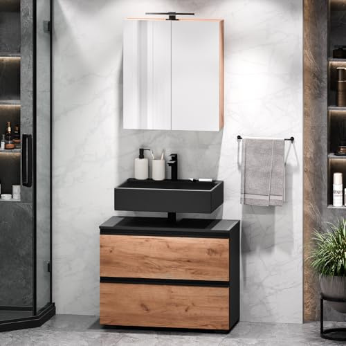 Planetmöbel EDA Badmöbel Set Waschbeckenunterschrank 80cm mit Spiegelschrank 60 cm mit Beleuchtung, Waschtischunterschrank, Badezimmerschrank für Gäste WC & Bad, Anthrazit/Gold Eiche