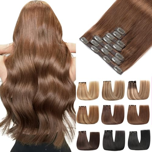 EINbeauty Clip In Extensions Echthaar 7Stücke Extensions Echthaar Gerade Echthaar Extensions Schokoladenbraun Extensions Clip In Haarverlängerung 80g 35cm(14Zoll，4#）
