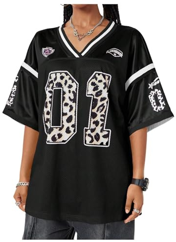 GORGLITTER Women's Oversized T Shirts Leopard Number Graphic Jersey Shirts V Neck Half Sleeve Loose Streetwear Tops