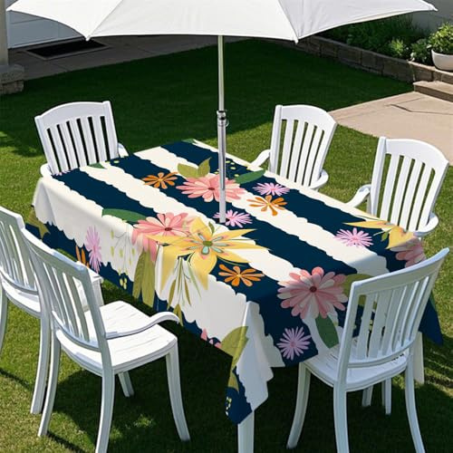 Chickwin Tovaglia Rettangolare con Foro per Ombrellone e Cerniera, Stampa Floreale Tovaglia da Esterno Antimacchia Impermeabile per Tavolo da Giardino, Barbecue, Feste (Blu Navy,260x150cm)