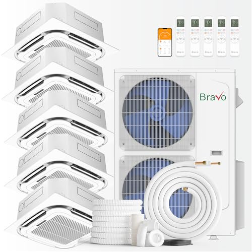 BRAVO 42,000 BTU 5-Zone 9000 + 9000 + 9000 + 9000 + 12000 BTU Ceiling Cassette, 24 SEER2 Ductless Mini Split AC & Heat Pump – Includes Smart Control & 25FT Installation Kits – Inverter System