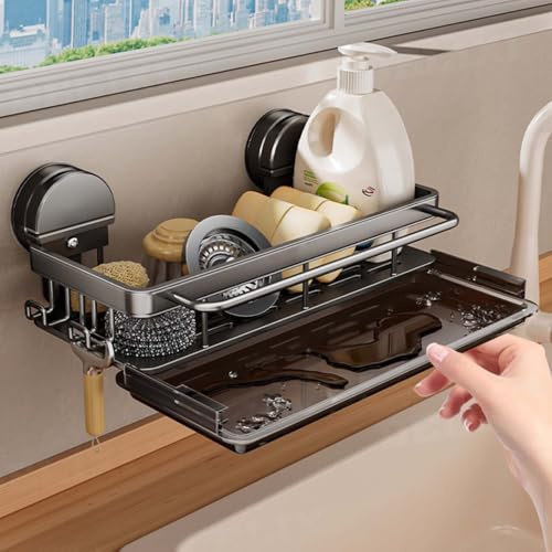 Marjoramy Organizador Fregadero Cocina Colgante, Soporte Estropajo Fregadero Sin Taladrar, Porta Sponja Fregadero con Bandeja Drenaje Toallero, Organizador de Cocina para Artículos de Tocador