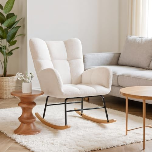 DAHUEN Schaukelstuhl, Loungesessel Balkon Stuhl Wohnzimmersessel Stillsessel Gepolsterter Swing Chair, Mit hoher Rückenlehn,Teddy Velvet,für Wohnzimmer Schlafzimmer Babyzimmer (Creme, 70×68×42)