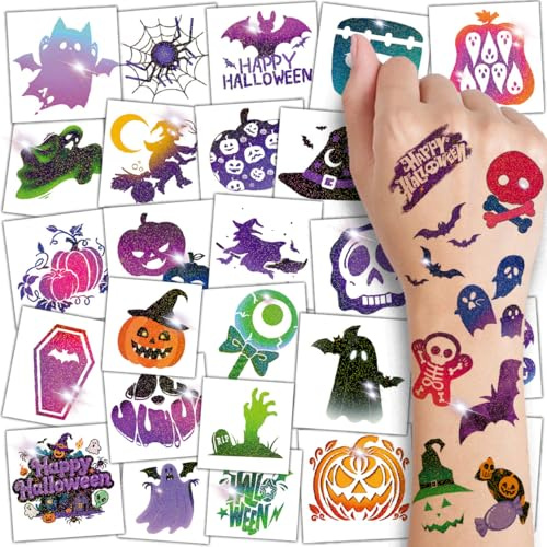 CHARLENT Tatouages Pailletés pour Enfant pour Halloween-74 Feuilles Individuelles Tatouages Pailletés Citrouille Chauve-Souris Squelettes Toile D'araignée pour Enfant