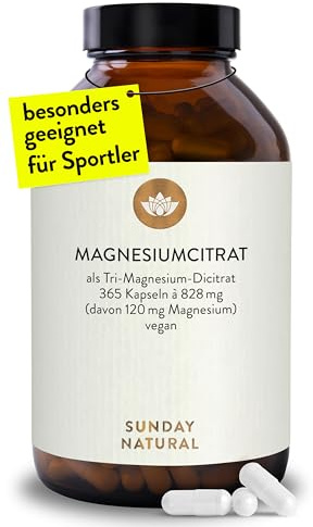 SUNDAY NATURAL® Magnesiumcitrat Kapseln - 365 Kapseln – Pro Tagesdosis 360 mg reines Magnesium ohne Zusatzstoffe - Premium Magnesium Citrate – Laborgeprüft, vegan, ohne weitere Zusätze