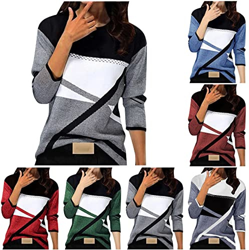 Farbblock Pullover Damen Langarm Strickpullover Winter Elegant Langarmshirt Herbst Pulli Oversize Langarmshirts Warme Swetshirt Große Größen Damenpullover Basic Feinstrickpullover Norweger Pullover