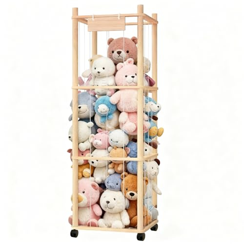 Almacenamiento Juguetes, Organizador Peluches de Madera con Reudas a 360°y Frenos Organizador Juguetes Infantil de Peluches Portaositos de Peluche para Habitaciones Infantiles, Salas de Juegos