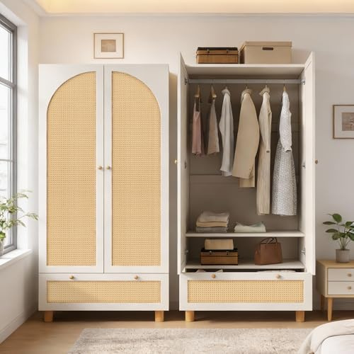 Kleiderschrank Rattan Garderobenschrank Kleiderschrank Schlafzimmer Schlafzimmerschrank 2 TüRig Rattan Mit GroßEr Schublade,HöHenverstellbaren Regalen & Kleiderstange, Inkl Kippsicherung,180x85x52 Cm