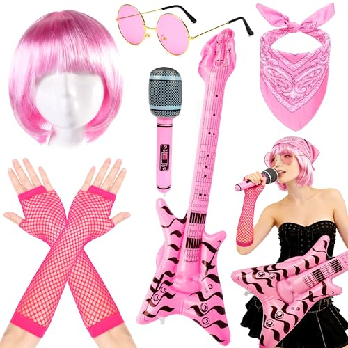 Wynlora Punk Gothic Rocker Accessories, Heavy Metal Rock Costume Set with Pink Wig Inflatable Guitar Microphone Gloves Glasses Bandana for Women Adult Cosplay Party