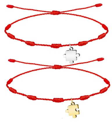 cotigo – Pack de 2 Pulseras Ajustables Puzzle para Pareja y Amistad, Hilo Rojo con Colgantes de Acero Inoxidable, Regalo Original de Amor, San Valentín y Cumpleaños (Puzzle)