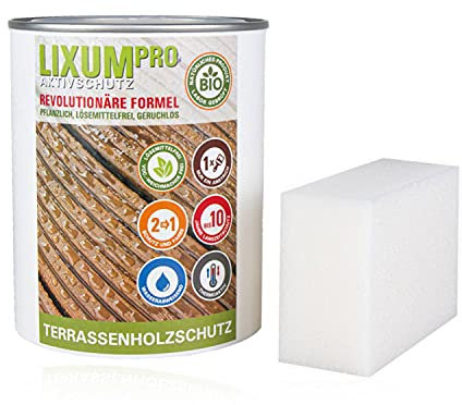 LIXUM Biologischer Holzschutz Terassenholzschutz, Gebindegröße:1000 ml (ca.30m²), Farbe:farblos, inkl. Zubehör:Schwamm