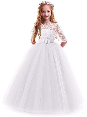 IWEMEK - Elegante Vestido de Dama de Honor para Niña con Flores, Encaje de Manga 3/4, Tul, Princesa para Boda, Navidad, Carnaval