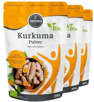 3 x borchers Bio Kurkuma Pulver | Bio Qualität | Vegan | Zuckerarm | Für Kurkuma-Latte & Goldene Milch | 200 g