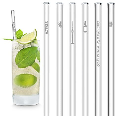 HALM Glas-Strohhalme - Berlin Edition mit Gravur - 6 Stück gerade 20 cm - Berlin Souvenirs - Geschenkartikel - Wiederverwendbare Glas-Trinkhalme - inkl. plastikfreie Reinigungsbürste - Glasstrohalme