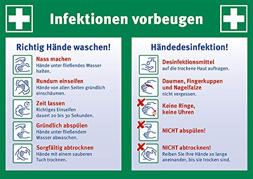 Aushang Infektionen vorbeugen – Anleitung Händewaschen & Händedesinfektion, Aufkleber DIN A4 (297 x 210 mm), selbstklebende PVC-Folie