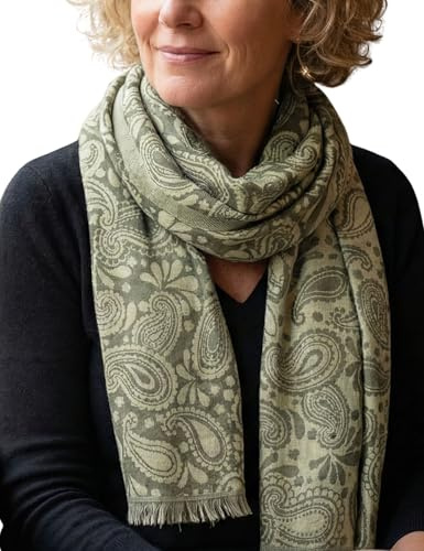 Sunsa Damen/Herren Schal, weich Winter Halstuch aus Baumwolle & Viskose. Große Unisex Herbst Winterschal. Tücher & Schals als Geschenkidee für Männer oder Frauen(Kahkigrün Paisley)