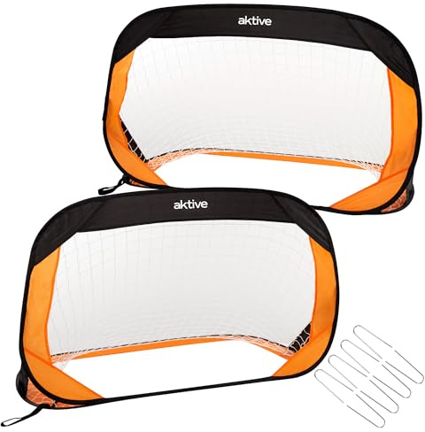 AKTIVE 54120 - Set 2 Porterías de fútbol plegables para niños , Medidas 120x80x80 cm, fácil montaje, color negro y naranja, Juego exterior portátil