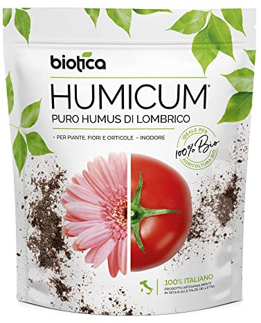 BIOTICA Humus di lombrico 100% biologico italiano HUMICUM - 6 Litri - Fertilizzante 100% Naturale italiano, Terriccio Biologico, Concime per Piante, Fiori e Orto