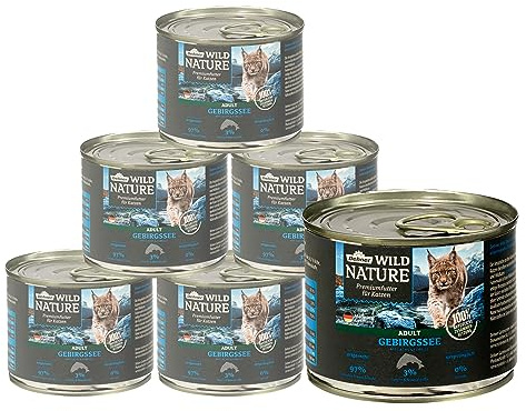 Dehner Wild Nature - Cibo per gatti con lago di montagna, senza cereali, per gatti adulti, salmone/trota, 6 barattoli da 200 g (1,2 kg)