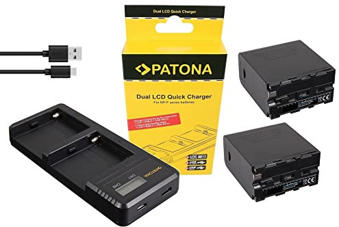 2 Akkus kompatibel mit Sony NP-F970 F960 (LG Zellen mit 10.050mAh) und LCD-Display + Dual LCD Ladegerät (USB-C)