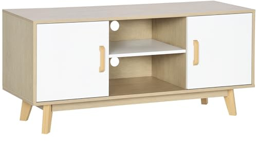 HOMCOM Mueble de TV para Televisores de hasta 55 Pulgadas Mesa para TV de Salón Moderna con 2 Puertas 2 Estantes Abiertos y Balda Interior Ajustable para Dormitorio 120x40x55 cm Natural y Blanco