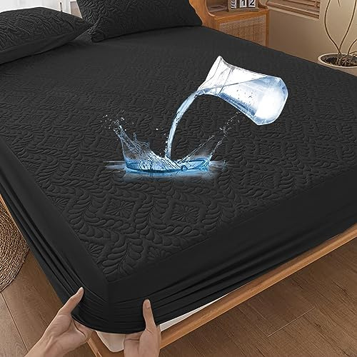 Wasserdichter Matratzenschoner 140x200cm Spannbettlaken Luxus, 3D-Muster, Super saugfähig, Atmungsaktive Matratzenbezug Wasserundurchlässiger Matratzen-Schutz Nässeschutz Spannbetttücher - Schwarz