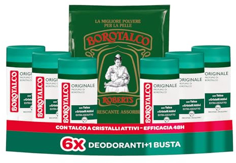 Borotalco, Deodorante Stick Originale e Talco in Polvere, Formula Senza Alcool con Talco Assoluto, Assorbe il Sudore, Profumo Borotalco, 72h di Efficacia - 6 Flaconi da 40ml