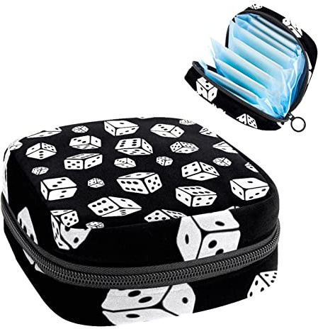 Aufbewahrungstasche für Damenbinden, Menstruationstassen-Tasche, Perioden-Tasche, Organizer für weibliche Pads, Tampons, Spielwürfel-Muster auf Schwarz