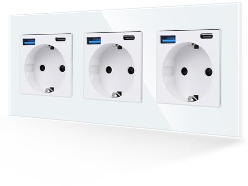JIMEIDA Steckdose mit USB 20W Schnelles Laden in Weiß, 3 Fach 16Amp Glas Schuko Steckdosen USB A und Typ C Port, 228 * 86mm