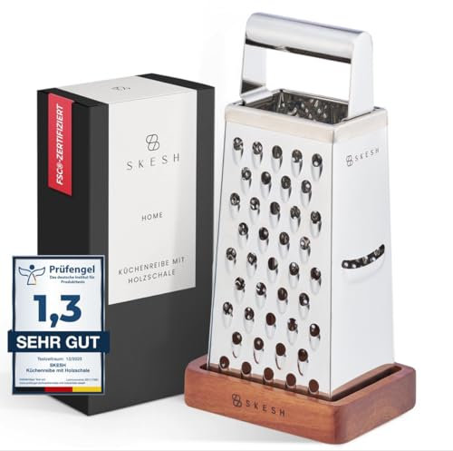 SKESH® Käsereibe Edelstahl (24,5x10,5cm) – Premium Küchenreibe mit Holzschale – Vierkantreibe für Käse, Gemüse & Obst – Spülmaschinenfest, Rutschfest, Messerscharf, Gemüsereibe,Parmesanreibe,Käsereibe